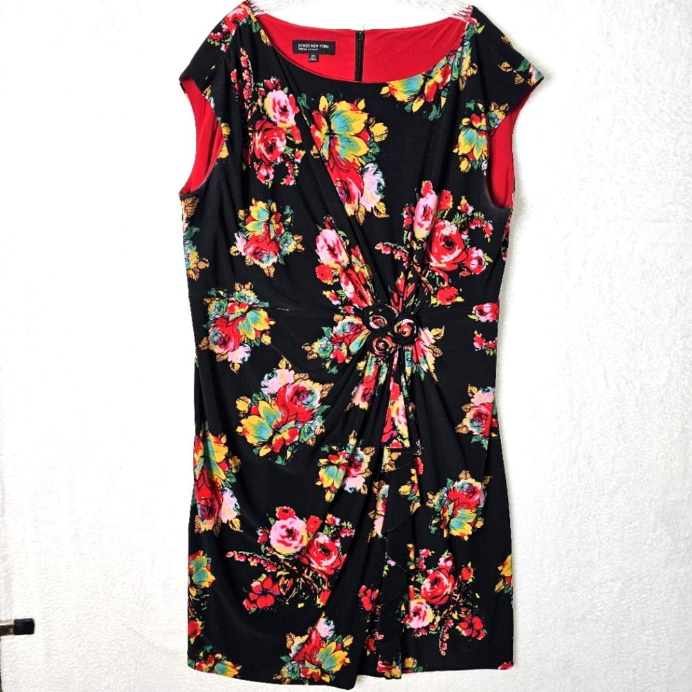 Jones New York Womens Dress Black W/ Rose Pattern Cap Sleeve Faux Wrap Size 18W